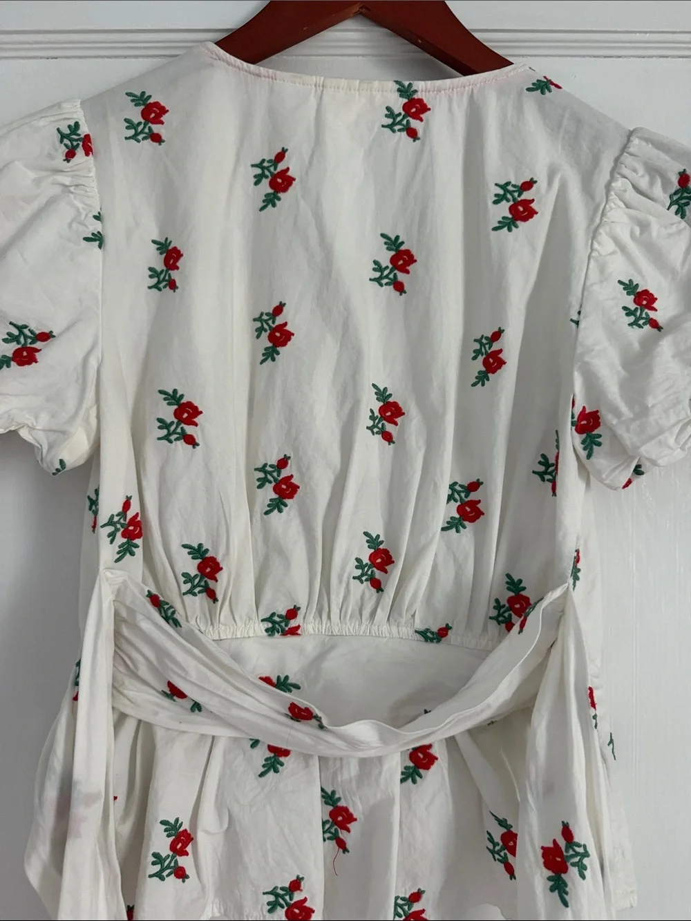Anthropologie White Button-Front Peplum Top with Red Floral Embroidery